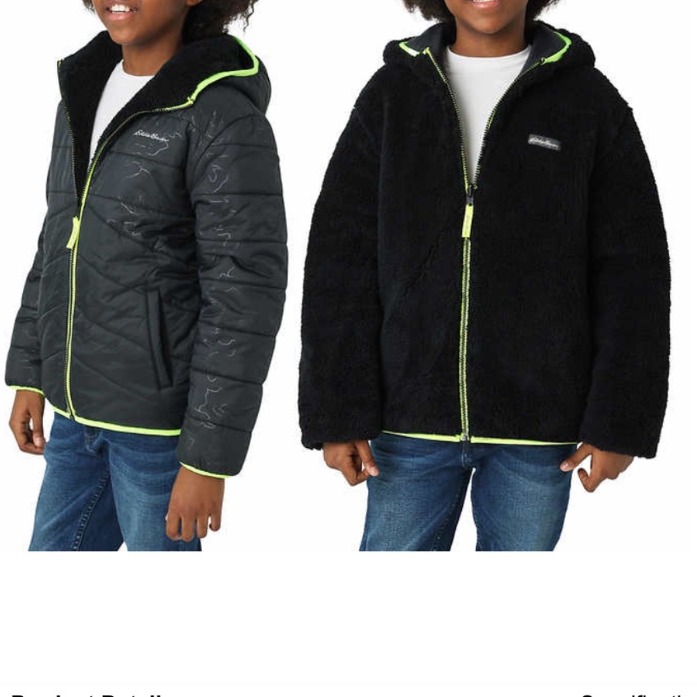 Eddie Bauer Reversible Fuzzy Fleece Jacket Black Neon Yellow Trim Medium 10-12